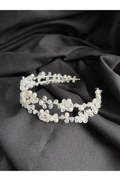 ERYA aksesuar Çiçekli İnci Detaylı Gelin Tacı – Kristal Taşlı Lohusa Tacı Düğ...