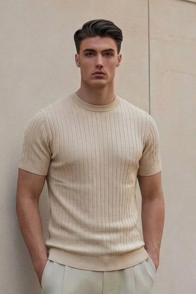 The Champ Clothing Ανδρικό πλεκτό μπλουζάκι Με υφή κοτλέ Μπεζ - Λαιμόκοψη ποδ...