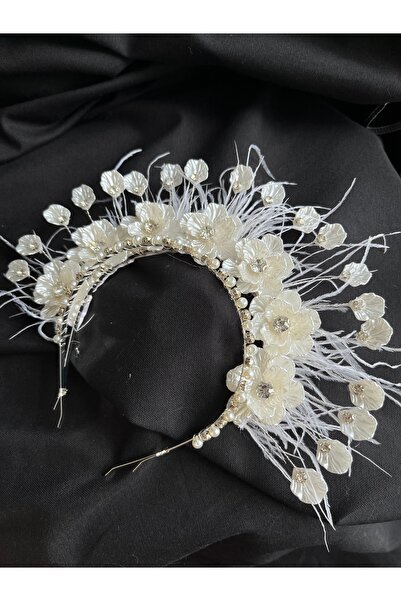 ERYA aksesuar Çiçek ve Tüy Detaylı Gelin Tacı – İnci ve Kristal Taşlı Lohusa ...