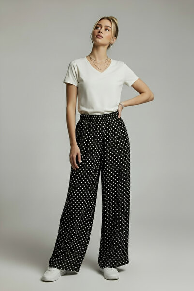 Cassime بنطلون نسائي فيسكوز أسود وأبيض منقط واسع الساق عالي الخصر مرن للصيف