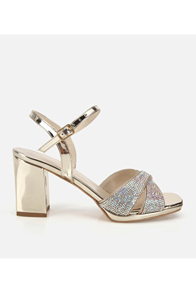 Hotiç Γυναικεία λουστρίνια πέδιλα με χρυσή πέτρα και λεπτομέρεια στο τακούνι