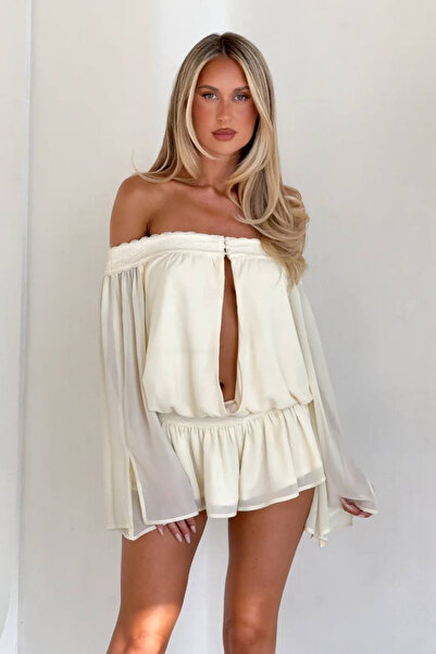 Love Fab Madonna Collar Guipure Detail Mini Shorts Jumpsuit Dress