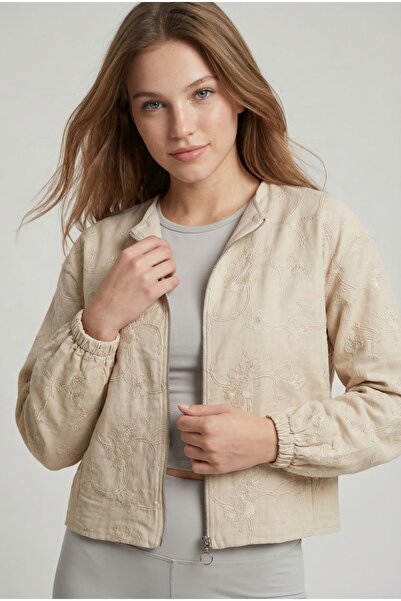 NEFESSE Fermuarlı Nakışlı Yuvarlak Yaka Cepli Keten Ceket -Krem