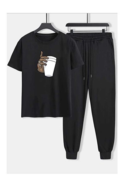 LAVİTTA Coffe Printed Alt Üst Tracksuit Set Oversized Crew Neck