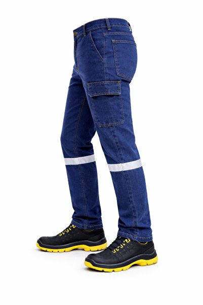Önlem İş Likralı Lacivert Denim Reflektörlü İş Pantolonu – Kargo ve Kumpas Cepli Dayanıklı İşçi Pantolonu
