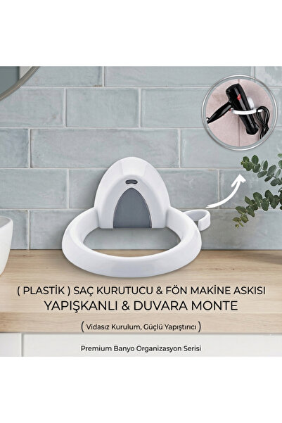 EVİST Pratik Yapışkanlı Saç Kurutma & Fön Makinesi Askısı - Duvara Monte Kabl...