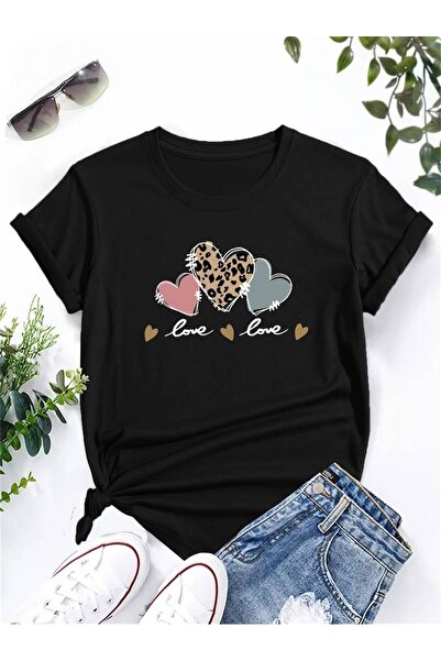 HOFFNUNG Unisex Short Sleeve Round Neck 3Hearts Love Printed Solid Color t Shirt