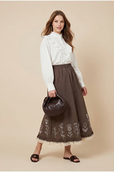 NEFESSE Beli Lastikli Dantel İşlemeli Etek -Kahve