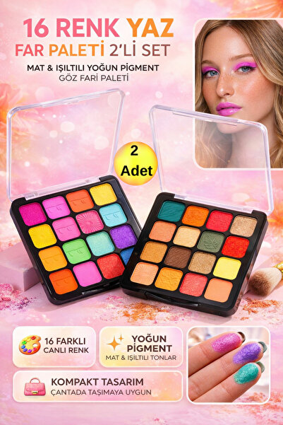 Hane Dostu 16 Renk Yaz Far Paleti 2’li Set – Mat & Işıltılı Yoğun Pigment Göz...