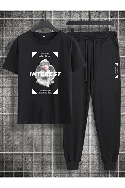 LAVİTTA Bear Men's Black Vertical Printed Oversized Tracksuit Set