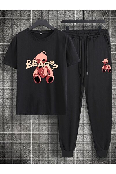 LAVİTTA Bear Men's Black Vertical Printed Oversized Tracksuit Set
