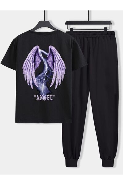 LAVİTTA Bear Men's Black Vertical Printed Oversized Tracksuit Set