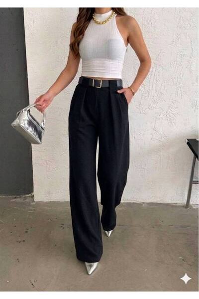 By Kuzey Aras Pantaloni din țesătură pentru femei talie înaltă curea li din m...