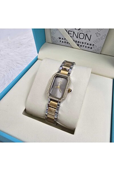 benon ساعة نسائية هي ساعة بتصميم مستطيل ذهبي وفضي.