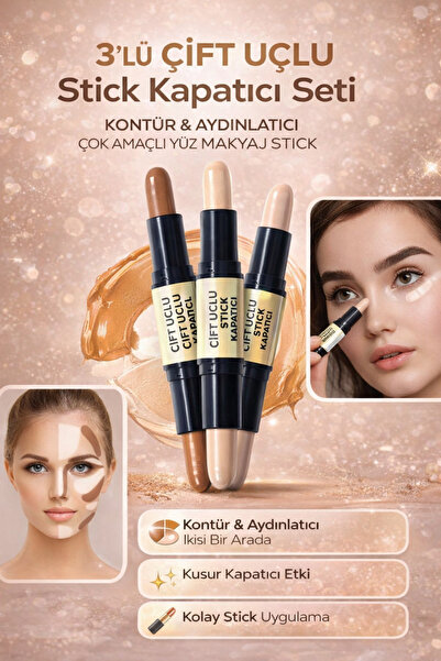 Hane Dostu 3’lü Çift Uçlu Stick Kapatıcı Seti – Kontür & Aydınlatıcı Çok Amaç...