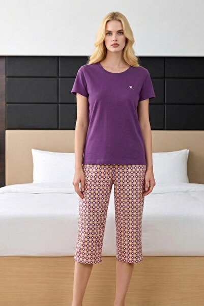 vory Women's Purple Short Sleeve Capri Pajama Set - Patterned Bottom Cotton P...