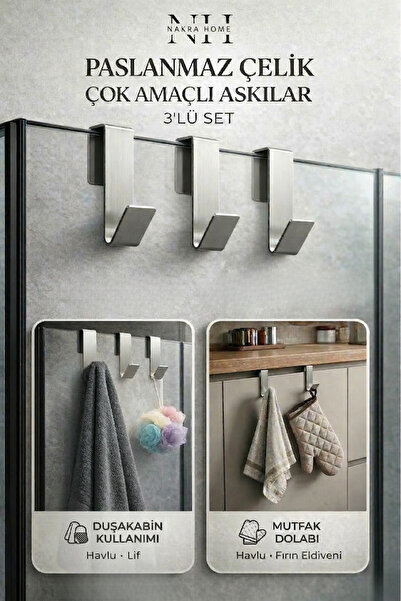 NAKRA HOME 3 Adet Paslanmaz Çelik Duşakabin Askısı ve Mutfak Dolabı Üstü Kanc...