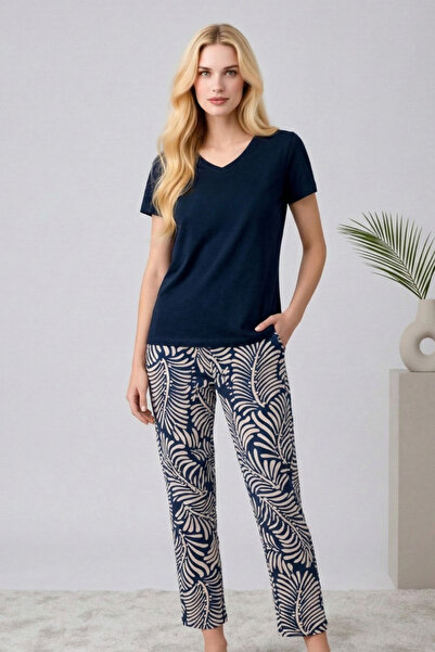 vory Set de pijamale pentru femei cu decolteu în V - Leaf cu model bumbac pie...