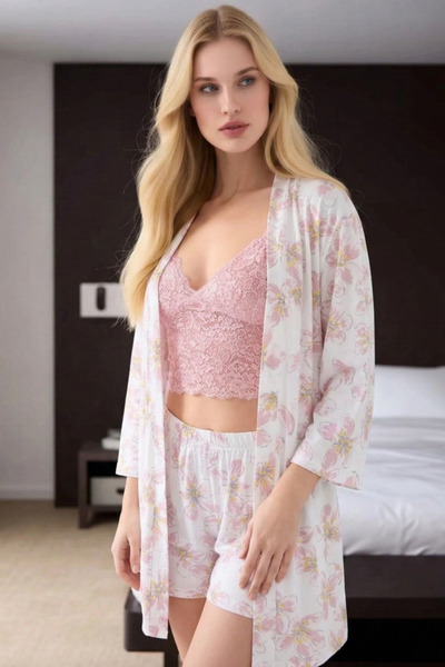 vory Women's Floral Print Pajama and Shorts Set - Lace Detailed 3-Piece Home ...