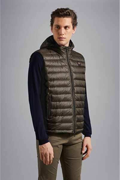 PAUL&SHARK Men's Down-Filled Hooded Zippered Khaki Vest C0P2007A-044