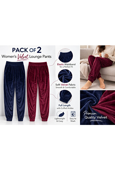 Generic Pack of 2 Velvet Lounge Pants – Navy Blue & Burgundy, Soft, Cozy, Side Pocket, 42 cm