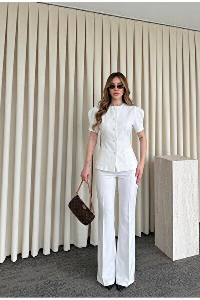 mafdress Kadın Yuvarlak Yaka Beyaz Düğme Ve Cep Detay Takım