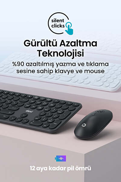 Daxi Klavye Mouse Set Elegance Combo Sessiz 2.4GHz Kablosuz Türkçe Q Mod