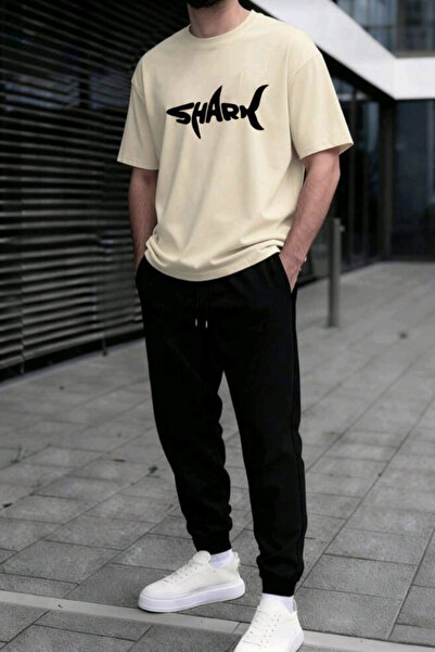 LAVİTTA SHARK مطبوع بنطال رياضي وتي شيرت - بنطال جوغر طقم تي شيرت رياضي برقبة...