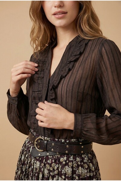 NEFESSE Önü Fırfırlı V Yaka Tensel Yarı Transparan Buket Gömlek -K. Kahve