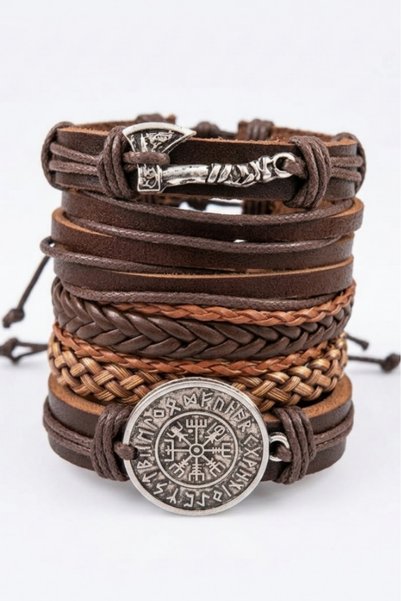 AB Takı 5-Piece Real Leather Bracelet Set Compass and Axe Design Genuine Leather Bracelet Men's Bracelet
