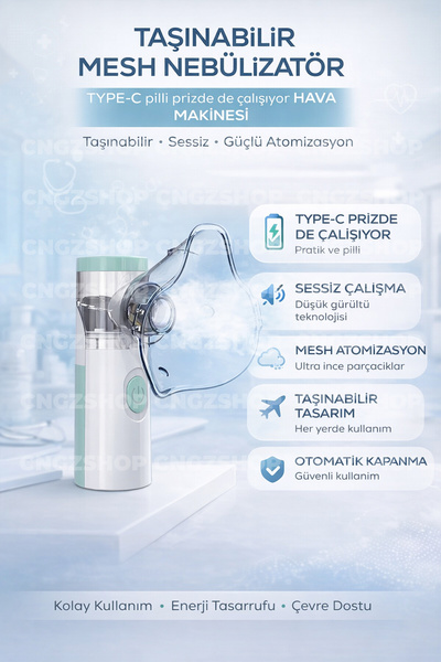 CNGZSHOP Taşınabilir Mesh Nebulizatör Hava Makinesi – Pilli ve Prizde Çalışab...