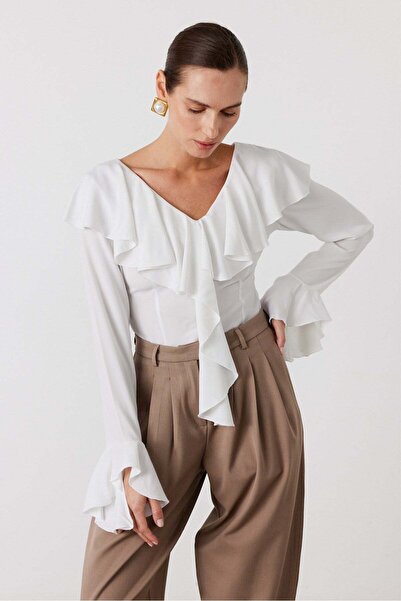 FACETTE cu volane Bluză Ecru