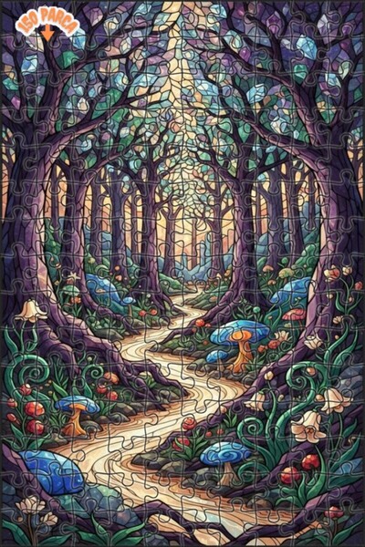 Esranın Dünyası لغز خشبي فني من الزجاج الملون على شكل طريق الغابة السحرية، لغ...
