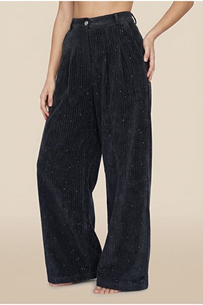 NEFESSE Pul Detaylı Cepli Bol Paça Kadife Pantolon -Antrasit