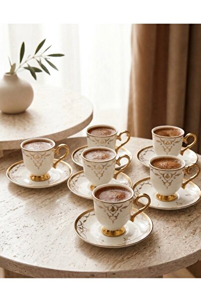BERENHOMEE 6 kişilik çiçek model gold detaylı kahve fincan seti