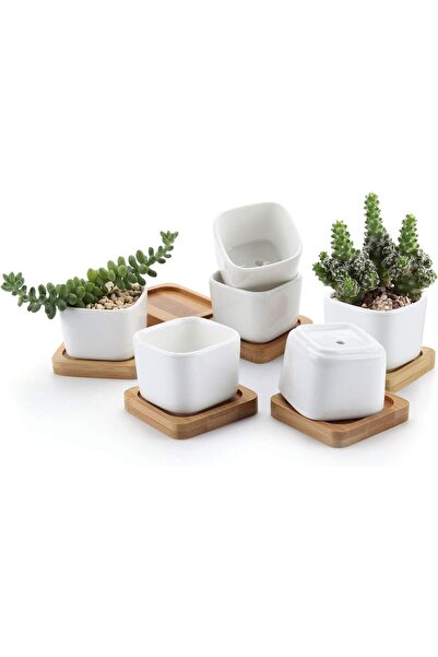 Arabest 6-Piece Ceramic Succulent Planters with Bamboo Tray, Square White Sma...