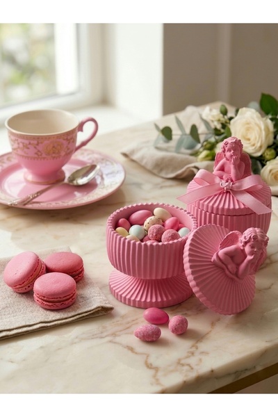 Mumlight Dekoratif Kapaklı Melek Figürlü & Şekerlik – Modern Pembe Beton Loku...