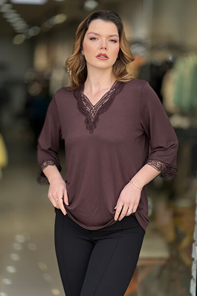 EtkiModa Γυναικεία μπλούζα με λεπτομέρεια στο γιακά και στα μανίκια Δαντέλα Μ...