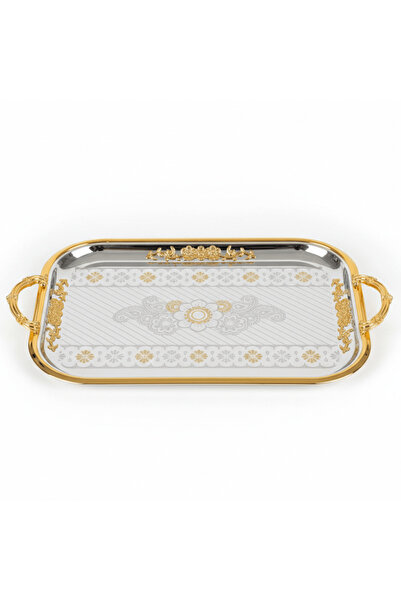 AKDC Extra Large Rectangular Stainless Steel Serving Tray with Stylish Gold T...