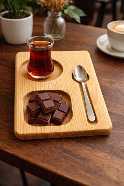 BOZKURT CNC Ahşap Çay Sunum Tabağı Şık Dekoratif Kaşıklıklı