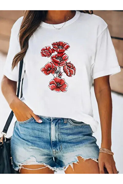 HOFFNUNG Unisex Short Sleeve Round Neck Red Flowers Printed Solid Color t Shirt