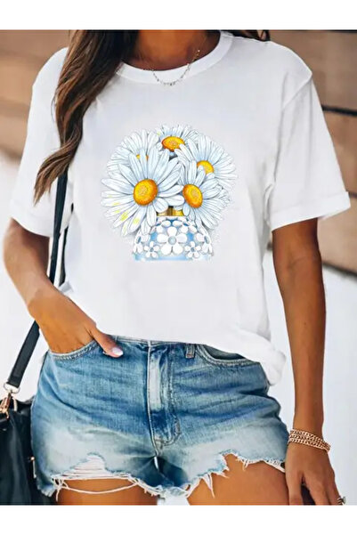 HOFFNUNG Unisex Short Sleeve Round Neck White Flowers Printed Solid Color t S...