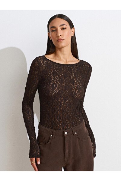 Dilvin Kayık Yaka Dantel Top Kahve