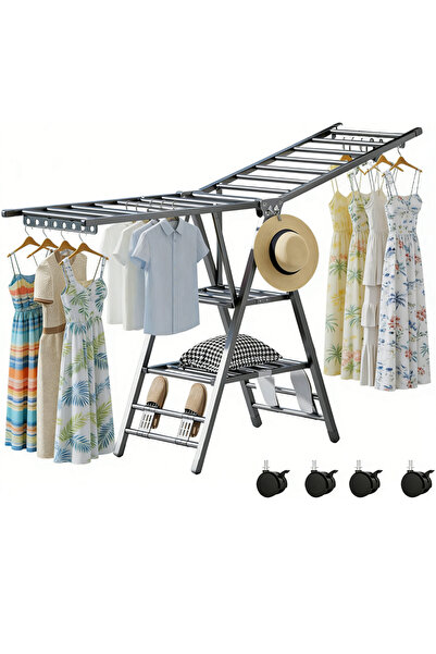 Yoawllty رف تجفيف ملابس من الفولاذ الكربوني، تصميم قابل للطي بثلاثة أرفف، للا...