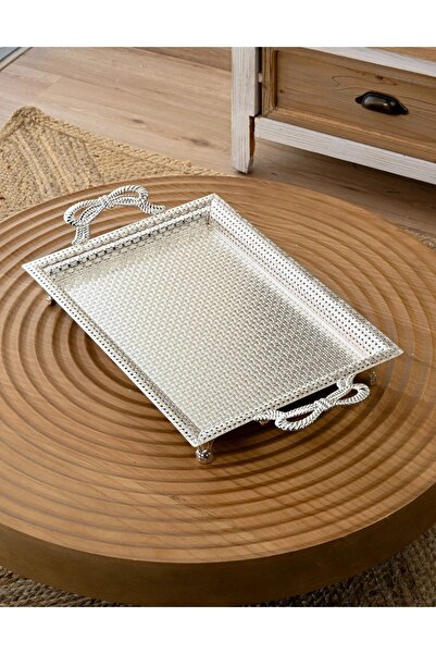 SQUALO تبسي سكوالو مستطيل فضي نقش بامبو بمقابض – صحن تقديم أنيق للضيافة