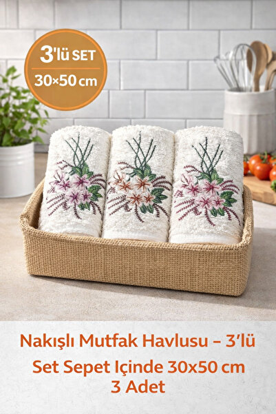 Naturel Collection Hasır Sepette Nakışlı 3'lü Çeyizlik Hediyelik 30x50 Mutfak...