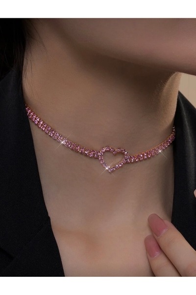 La Saade Pink Crystal Love Necklace – Sparkling Elegant Choker Necklace with ...
