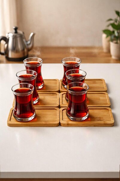 İLİVA 6-Piece Glass Tea Cups and Bamboo Coasters Set – Presentation Tea Servi...