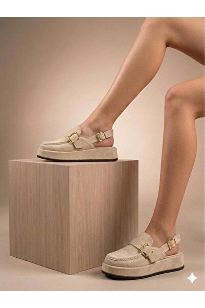 QUEEN Bej Süet Çift Tokalı Önü Kapalı Kadın Sabo Terlik CHİBO