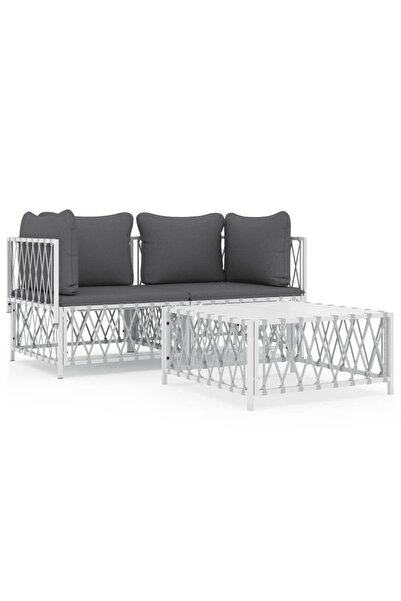 vidaxl Set mobilier de grădină, 3 piese, cu perne, alb, oțel